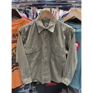 Vintage 90s CK Jeans Calvin Klein Olive Green Button Down Polo Shirt Size Small